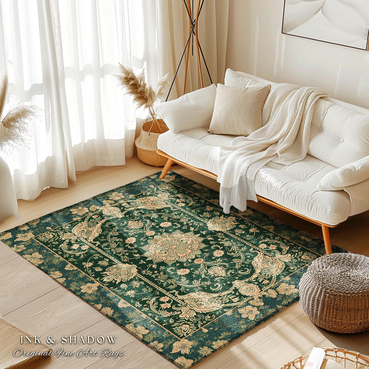 Victorian Botanical Medallion Emerald Green Rug Antique Rose Gold Floral Art Nuevo Accents, Vintage Cottagecore Elegant Persian Home Charm