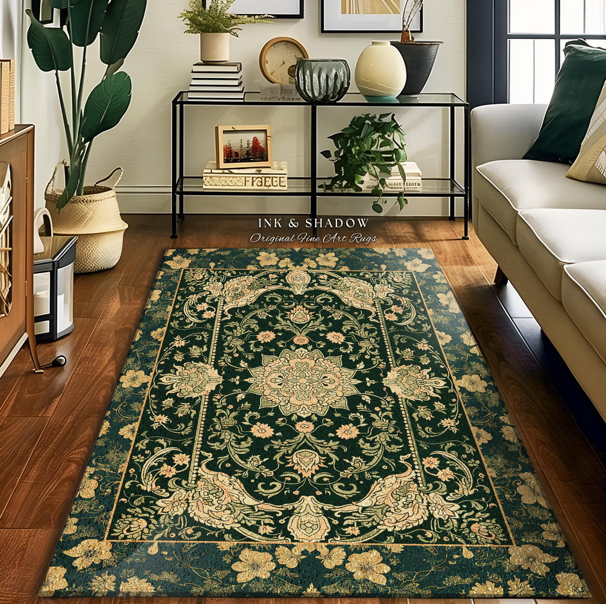Victorian Botanical Medallion Emerald Green Rug Antique Rose Gold Floral Art Nuevo Accents, Vintage Cottagecore Elegant Persian Home Charm