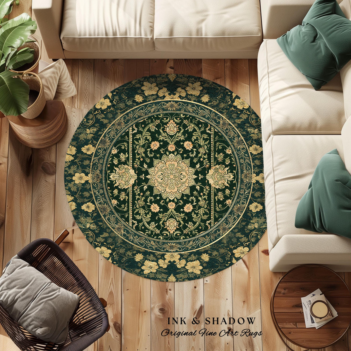 Victorian Botanical Medallion Emerald Green Rug Antique Rose Gold Floral Art Nuevo Accents, Vintage Cottagecore Elegant Persian Home Charm