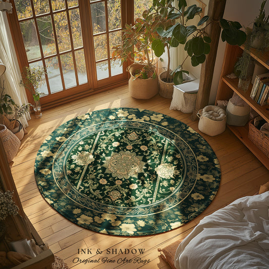 Victorian Botanical Medallion Emerald Green Rug Antique Rose Gold Floral Art Nuevo Accents, Vintage Cottagecore Elegant Persian Home Charm
