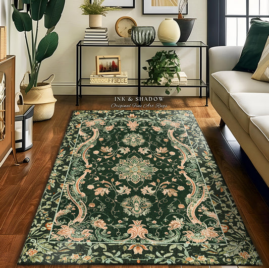 Mystic Cottagecore Accent Rug | Hippie Rug with Emerald Green Detail Beige Boho Aesthetic for Housewarming Gift Vibrant Color Floor Decor |