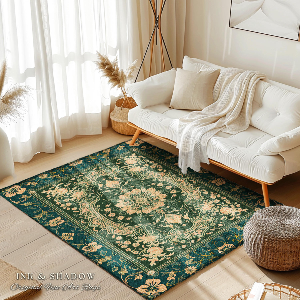 Classical Victorian Green Accent Rug | Vibrant Colors Forest Green Area Rug Floral Elegance Ornate Bohemian Style Baroque Emerald Green |