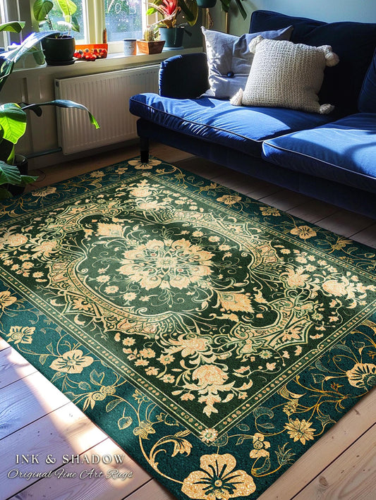 Classical Victorian Green Accent Rug | Vibrant Colors Forest Green Area Rug Floral Elegance Ornate Bohemian Style Baroque Emerald Green |