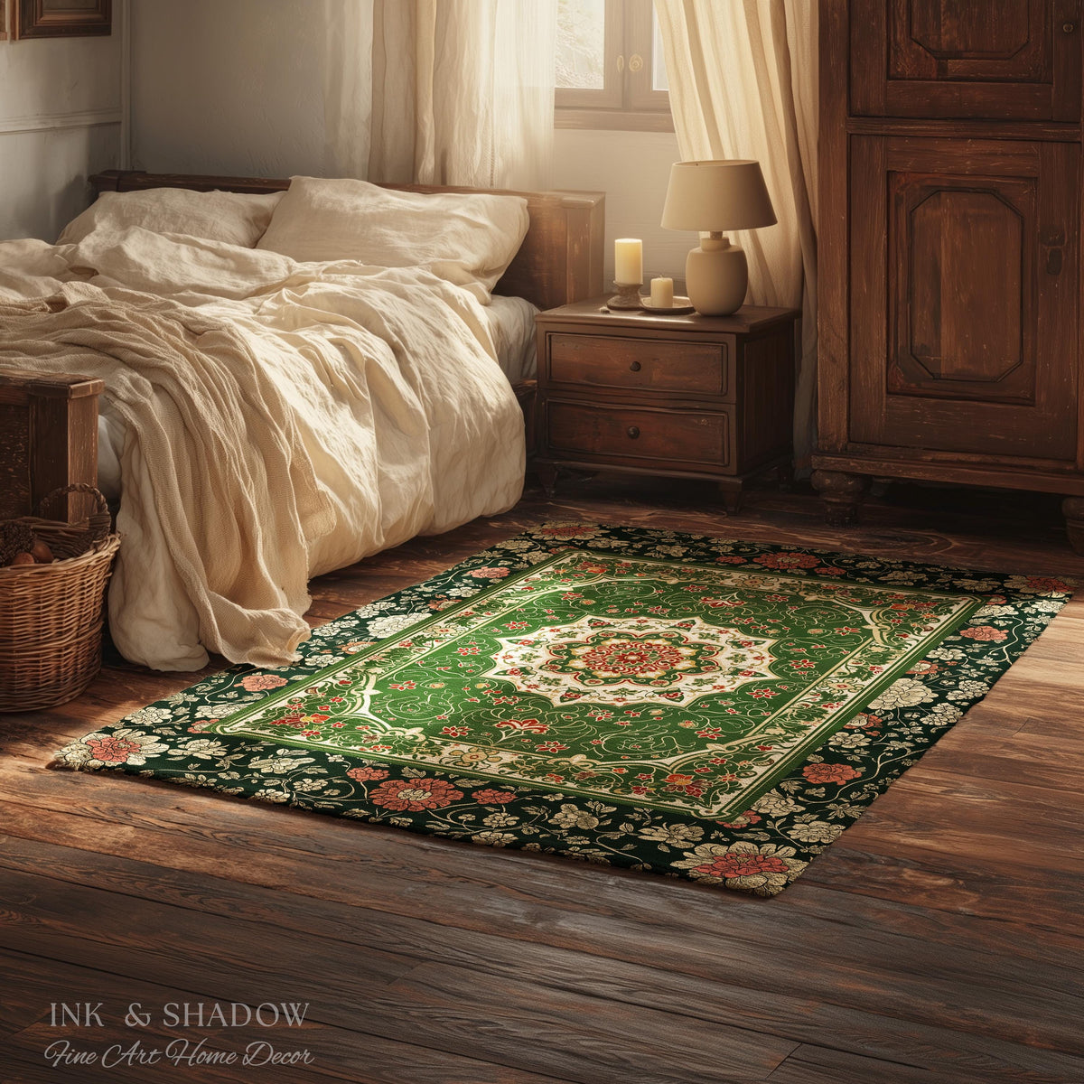 Jade Green Statement Rug | Classic Ornate Victorian Rug with Green Detail Peachy Accent Bohemian Aesthetic for Cozy Reading Nook Boho Design
