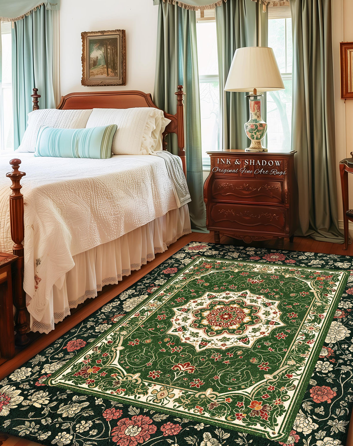 Jade Green Statement Rug | Classic Ornate Victorian Rug with Green Detail Peachy Accent Bohemian Aesthetic for Cozy Reading Nook Boho Design