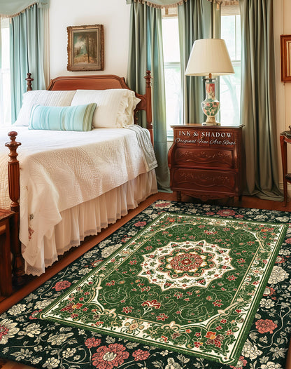 Jade Green Statement Rug | Classic Ornate Victorian Rug with Green Detail Peachy Accent Bohemian Aesthetic for Cozy Reading Nook Boho Design