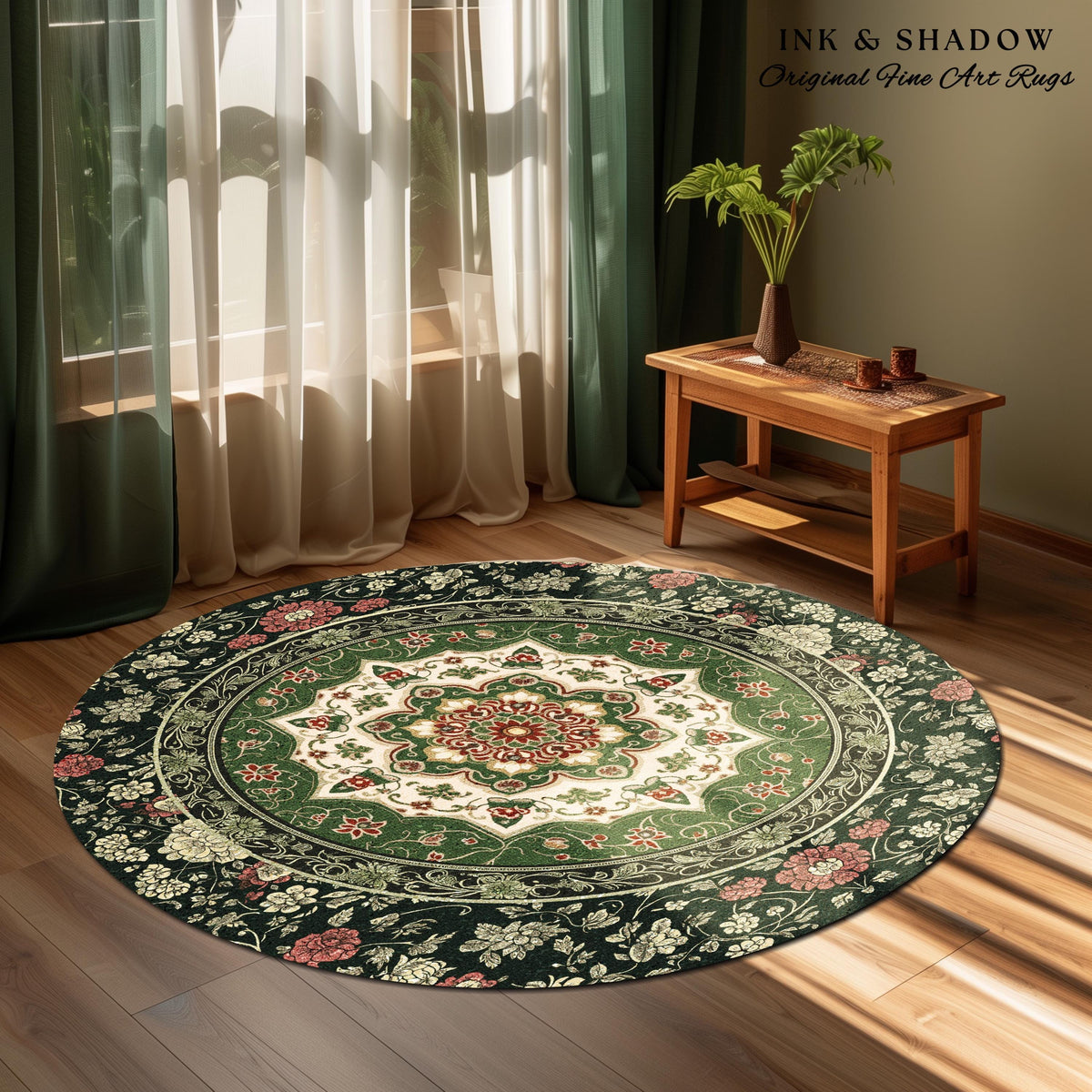 Jade Green Statement Rug | Classic Ornate Victorian Rug with Green Detail Peachy Accent Bohemian Aesthetic for Cozy Reading Nook Boho Design
