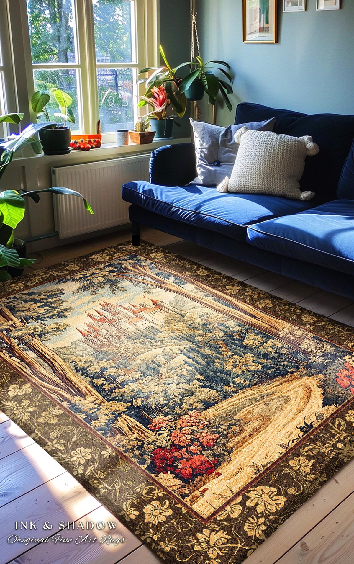 Book Nook Fairytale Castle Round Area Rug | Woodland Fairycore Bohemian Rug Folklore Aesthetic Magical Landscape Forestcore Dark Academia |