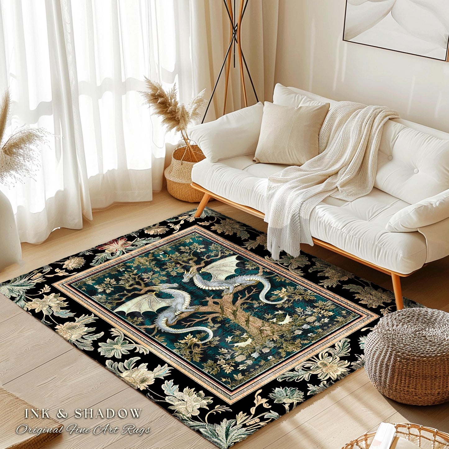 Mystical Victorian Dragon Rug Ornate Floral Art Nouveau Design, Enchanted Baroque Forest Fantasy | Medieval Gothic Cottagecore Accent Decor
