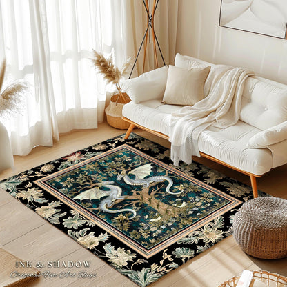 Mystical Victorian Dragon Rug Ornate Floral Art Nouveau Design, Enchanted Baroque Forest Fantasy | Medieval Gothic Cottagecore Accent Decor