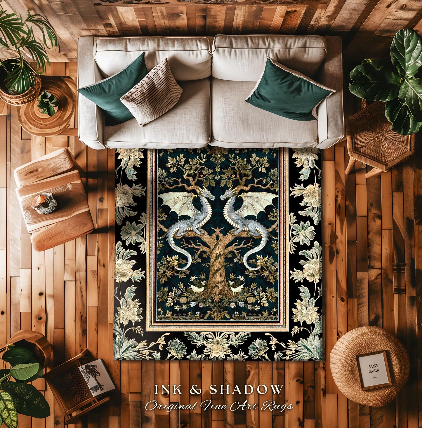Mystical Victorian Dragon Rug Ornate Floral Art Nouveau Design, Enchanted Baroque Forest Fantasy | Medieval Gothic Cottagecore Accent Decor