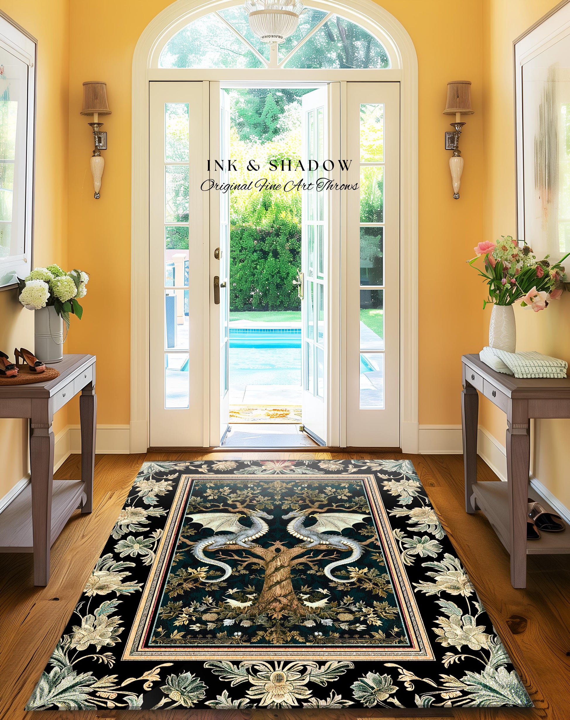 Mystical Victorian Dragon Rug Ornate Floral Art Nouveau Design, Enchanted Baroque Forest Fantasy | Medieval Gothic Cottagecore Accent Decor