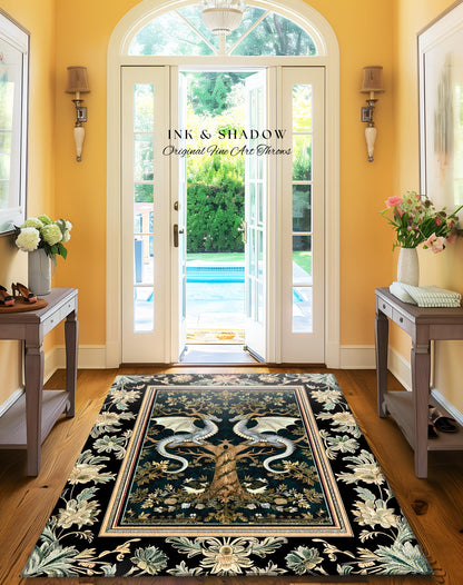 Mystical Victorian Dragon Rug Ornate Floral Art Nouveau Design, Enchanted Baroque Forest Fantasy | Medieval Gothic Cottagecore Accent Decor