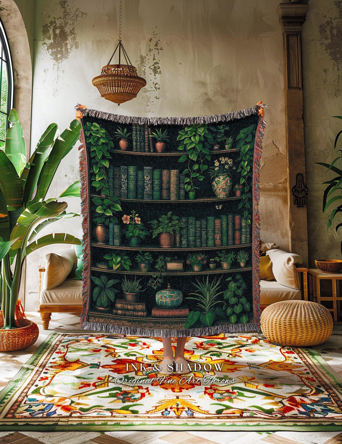 Book Lover Dark Botanical Tapestry Blanket Woven Throw Gothic Home Decor | Dark Academia Whimsigothic Book Nook Boho Decor Vintage Aesthetic