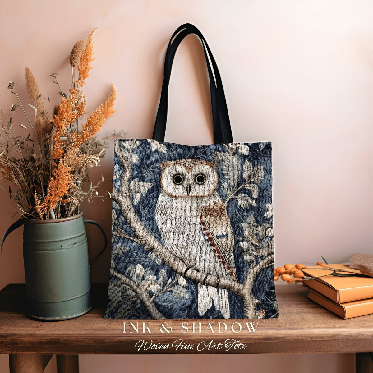 May include: A woven tote bag with black handles featuring a detailed tapestry design of an owl perched on a branch with blue and green foliage. The text "INK & SHADOW Woven Fine Art Tote" is printed below the image.