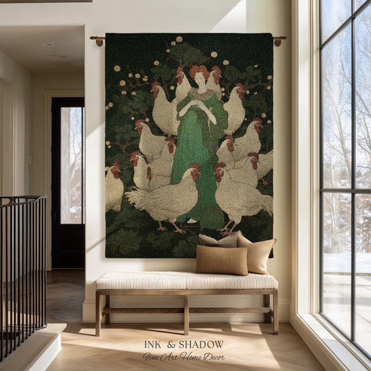 May include: A rectangular wall tapestry featuring a central figure in a long green dress surrounded by a flock of white chickens against a dark green background with circular gold accents. The tapestry hangs from a dark metal rod on a wall.