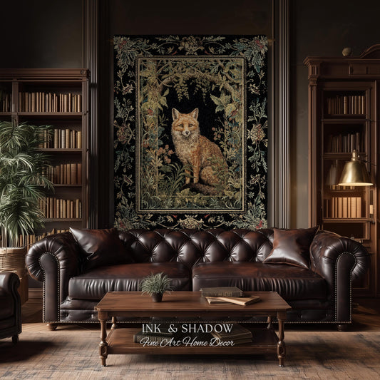 Mystic Woodland Fox Throw Blanket Woven Cotton | Floral Woodland Cottagecore Morris Aesthetic Enchanted Forest Jacquard Tapestry Wall Art