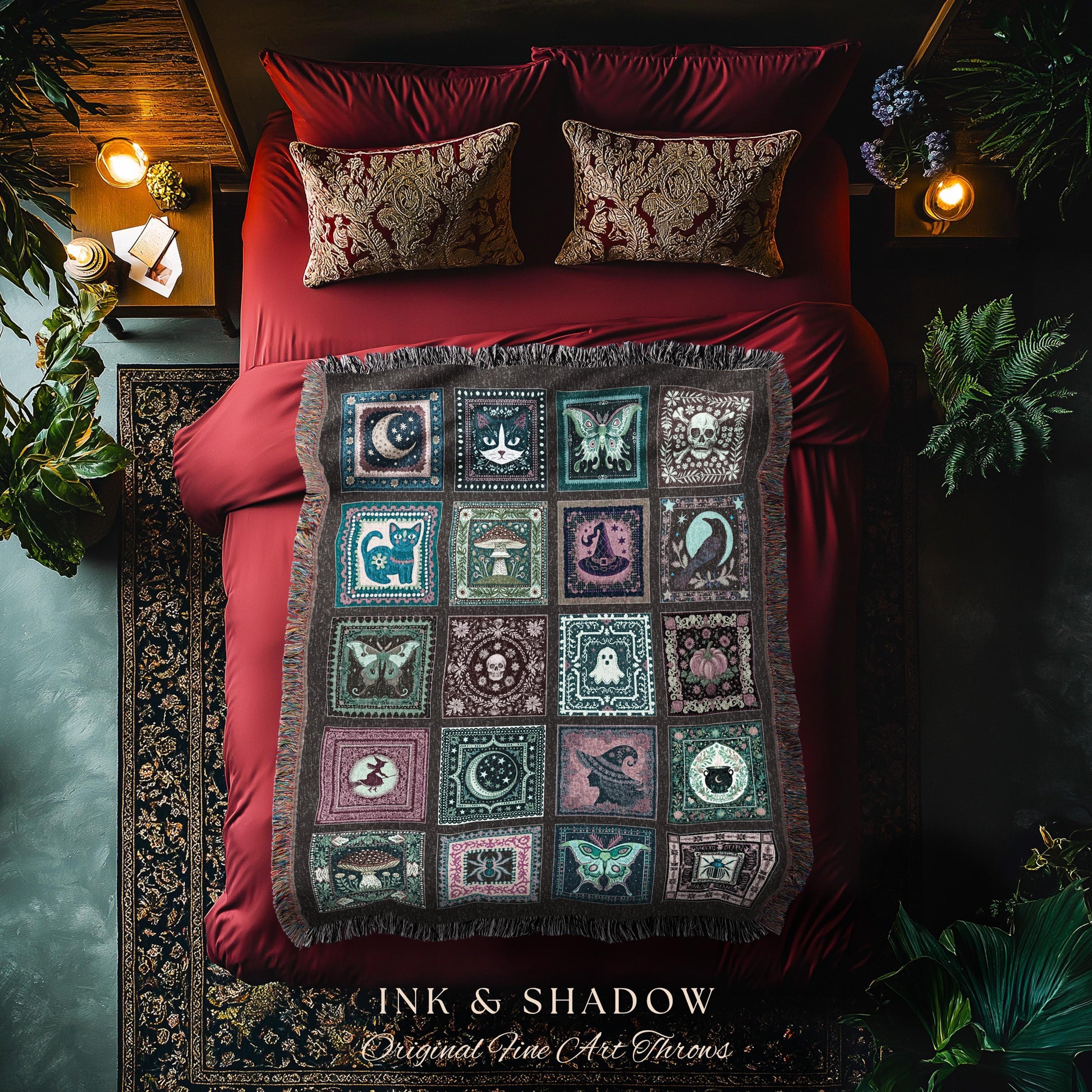 May include: A decorative throw blanket with a patchwork design featuring various mystical and gothic-themed squares. The squares include images of moons, butterflies, skulls, cats, mushrooms, and witches. The blanket is displayed on a red bed with matching pillows. The text "INK & SHADOW Original Fine Art Throws" is at the bottom.