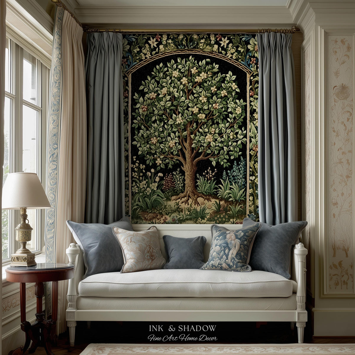 Tree Of Life Woven Blanket | William Morris Inspired Throw Botanical Tapestry Medieval Aesthetic Nordic Tapestry Renaissance Room Decor |