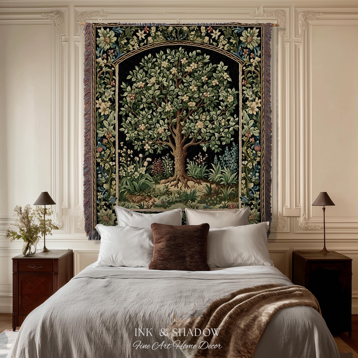 Tree Of Life Woven Blanket | William Morris Inspired Throw Botanical Tapestry Medieval Aesthetic Nordic Tapestry Renaissance Room Decor |