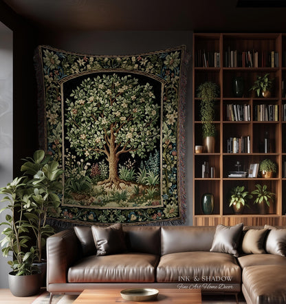 Tree Of Life Woven Blanket | William Morris Inspired Throw Botanical Tapestry Medieval Aesthetic Nordic Tapestry Renaissance Room Decor |