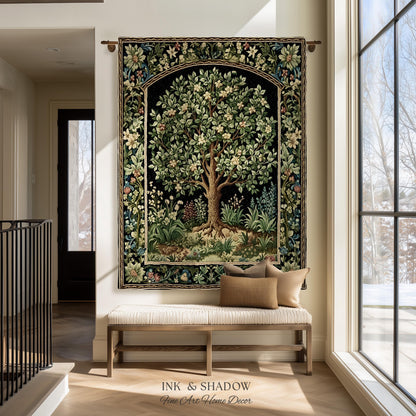 Tree Of Life Woven Blanket | William Morris Inspired Throw Botanical Tapestry Medieval Aesthetic Nordic Tapestry Renaissance Room Decor |