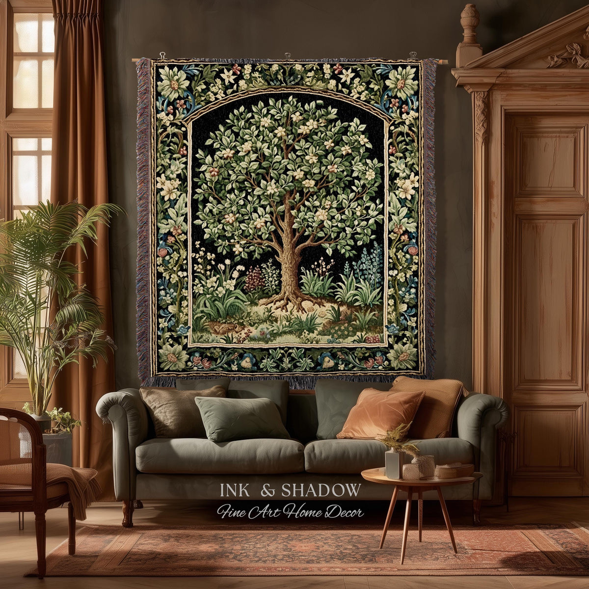 Tree Of Life Woven Blanket | William Morris Inspired Throw Botanical Tapestry Medieval Aesthetic Nordic Tapestry Renaissance Room Decor |
