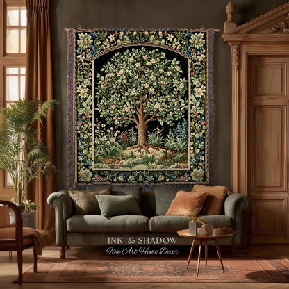 Tree Of Life Woven Blanket | William Morris Inspired Throw Botanical Tapestry Medieval Aesthetic Nordic Tapestry Renaissance Room Decor |