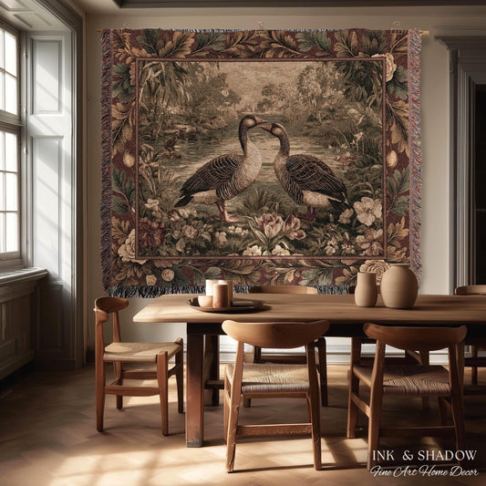 Heritage Woodland Pond Geese Tapestry Wall Art | Rustic Elegance Marsh Landscape Throw Blanket Traditional Waterfowl Nature Textile Accent