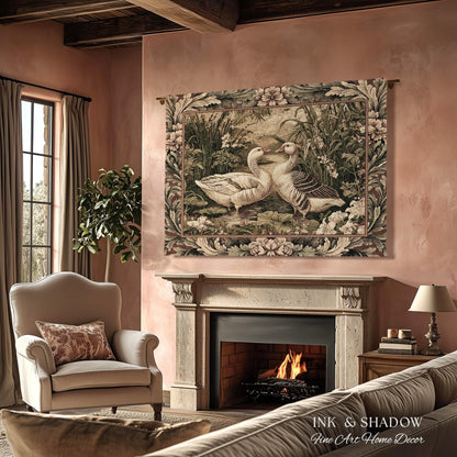 Romantic French Pastoral Geese Tapestry Woven Wall Hanging | Farmhouse Cottage Countryside Floral Wetland Landscape Heirloom Throw Art Decor