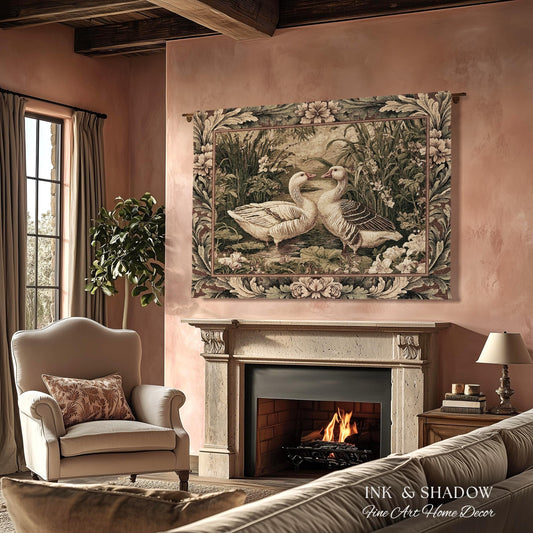 Romantic French Pastoral Geese Tapestry Woven Wall Hanging | Farmhouse Cottage Countryside Floral Wetland Landscape Heirloom Throw Art Decor