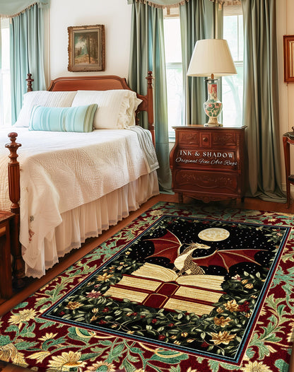 May include: A rectangular area rug with a dragon design. The rug features a black background with a dragon, open book, and a full moon. The border is a floral pattern in red, green, and gold. The rug is placed in a bedroom.