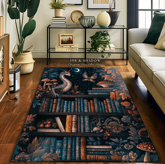 May include: A rectangular area rug featuring a dark, detailed illustration of a bookshelf filled with vintage books, surrounded by autumn leaves, mushrooms, a dragon, and a butterfly under a crescent moon, with the text INK & SHADOW Original Fine Art Rugs.