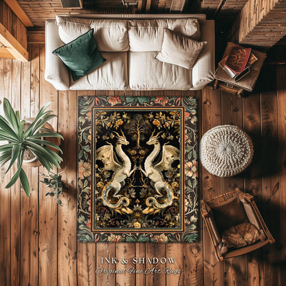 Fantasy Inspired Dragon Rug Victorian Gothic Decor | Enchanted Medieval Dragon Lovers Light Academia Rug Whimsigothic Fantasy Art Mystic Rug
