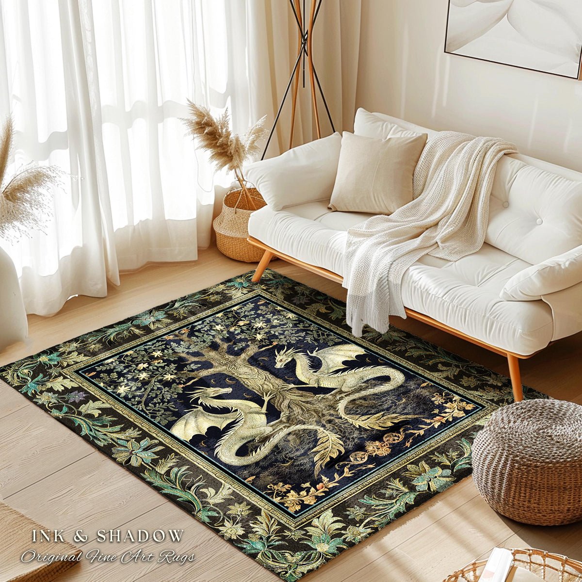 Botanical Gothic Dragon Rug Mythical Tree of Life Fantasy Art Nouveau Decor, Enchanted Woodland Cottagecore Medieval Inspired Whimsigoth Art