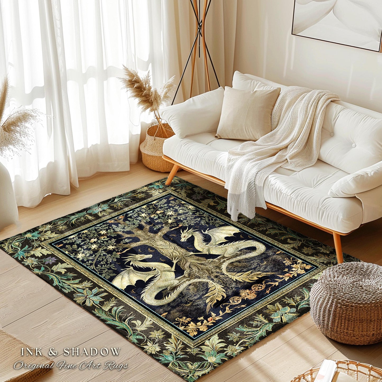 Botanical Gothic Dragon Rug Mythical Tree of Life Fantasy Art Nouveau Decor, Enchanted Woodland Cottagecore Medieval Inspired Whimsigoth Art