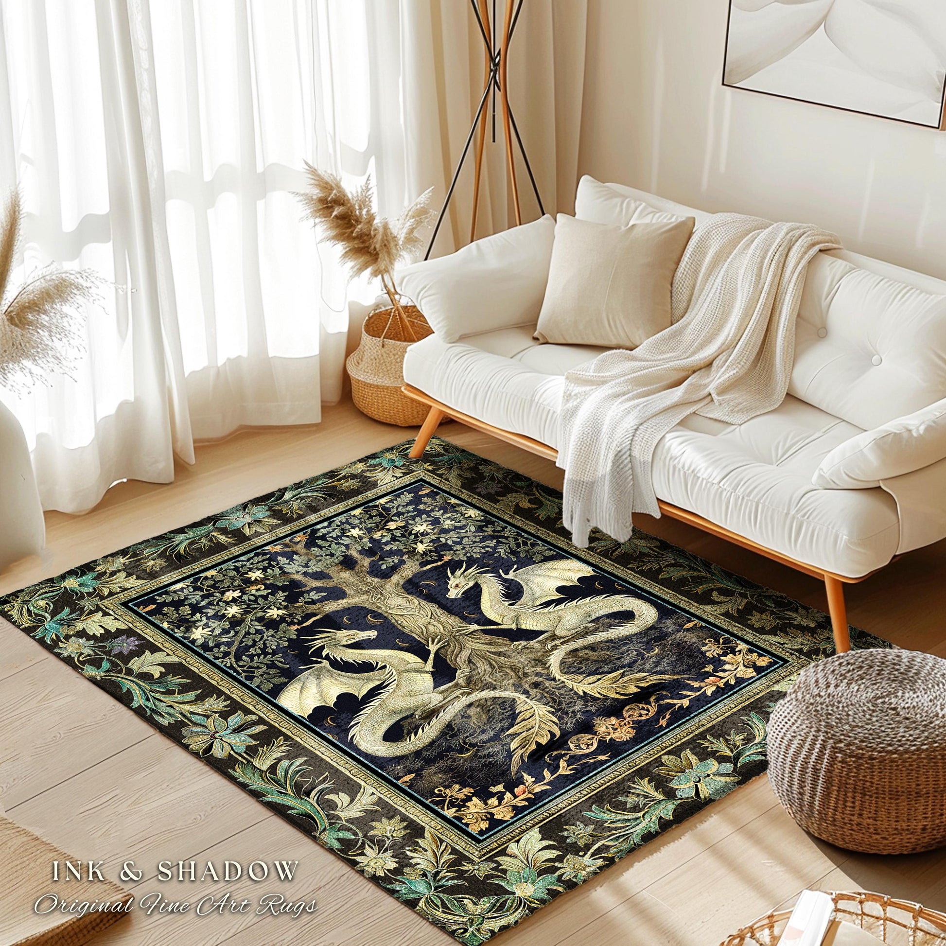 Botanical Gothic Dragon Rug Mythical Tree of Life Fantasy Art Nouveau Decor, Enchanted Woodland Cottagecore Medieval Inspired Whimsigoth Art