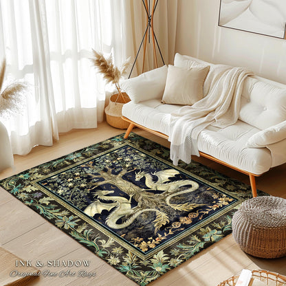 Botanical Gothic Dragon Rug Mythical Tree of Life Fantasy Art Nouveau Decor, Enchanted Woodland Cottagecore Medieval Inspired Whimsigoth Art