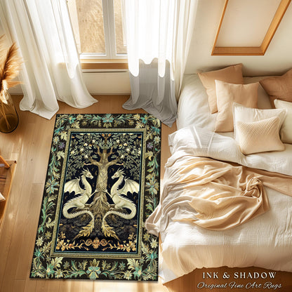 Botanical Gothic Dragon Rug Mythical Tree of Life Fantasy Art Nouveau Decor, Enchanted Woodland Cottagecore Medieval Inspired Whimsigoth Art