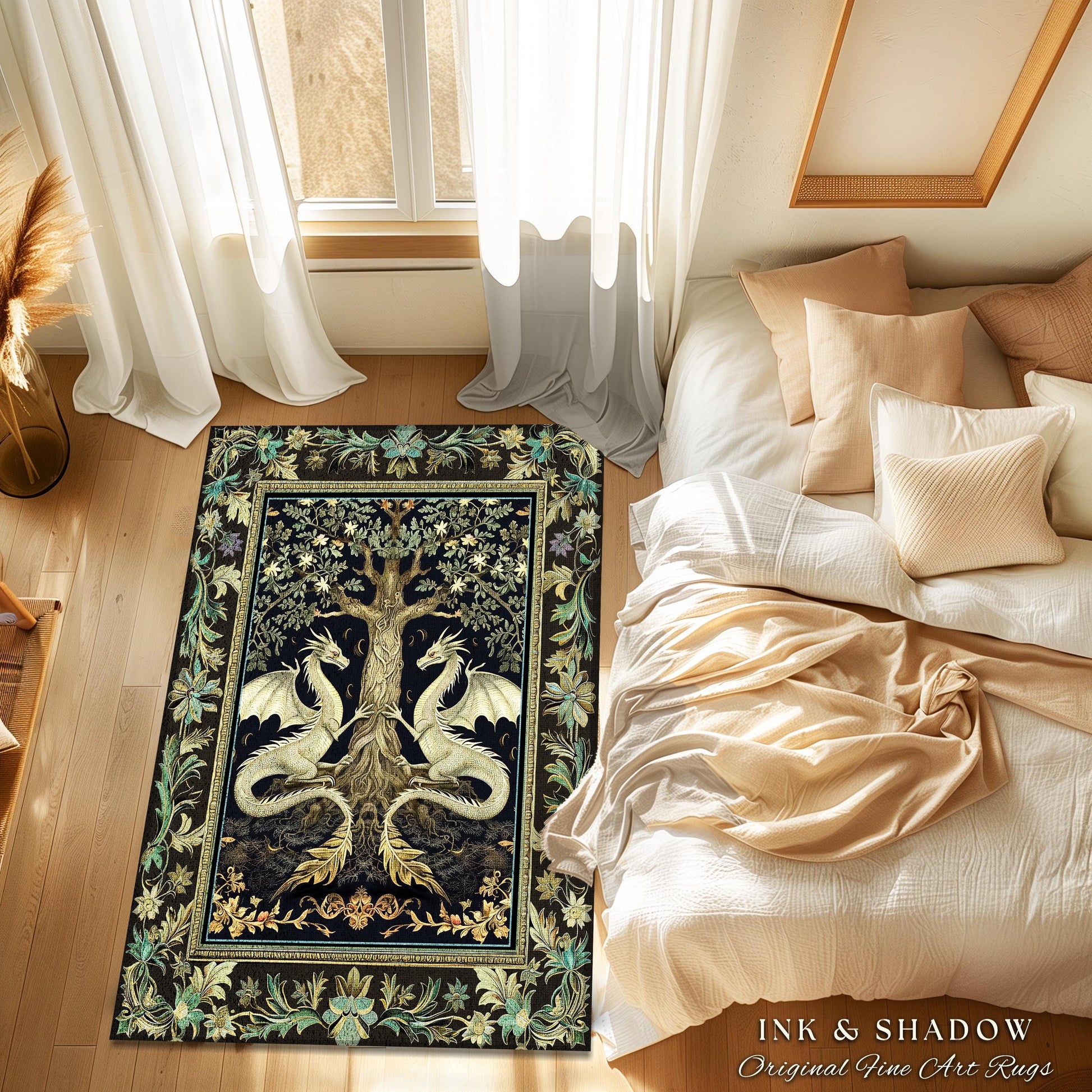 Botanical Gothic Dragon Rug Mythical Tree of Life Fantasy Art Nouveau Decor, Enchanted Woodland Cottagecore Medieval Inspired Whimsigoth Art