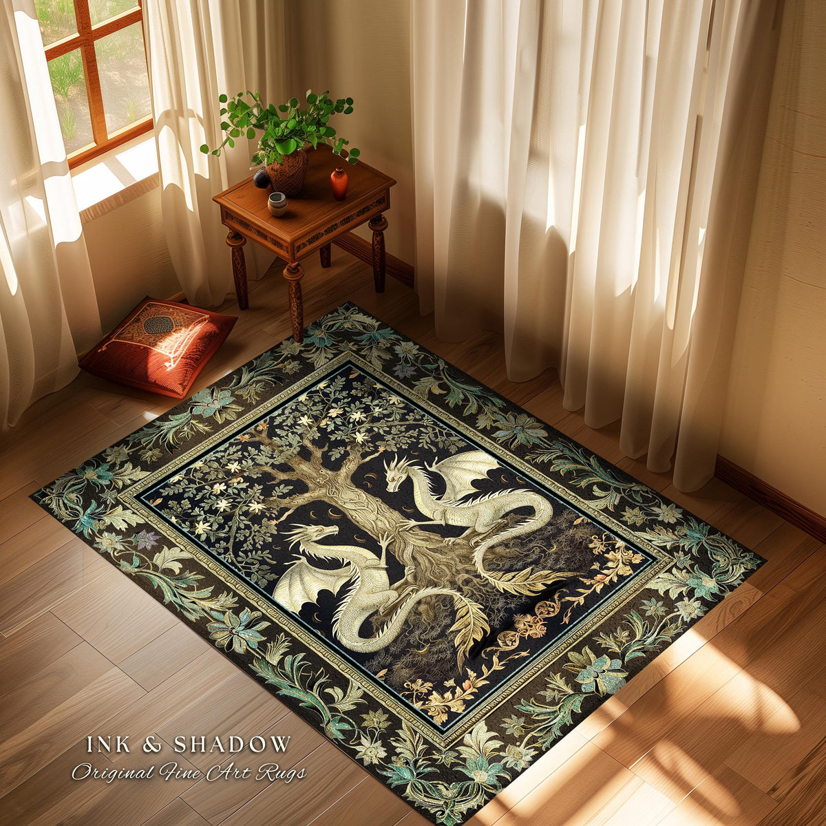 Botanical Gothic Dragon Rug Mythical Tree of Life Fantasy Art Nouveau Decor, Enchanted Woodland Cottagecore Medieval Inspired Whimsigoth Art