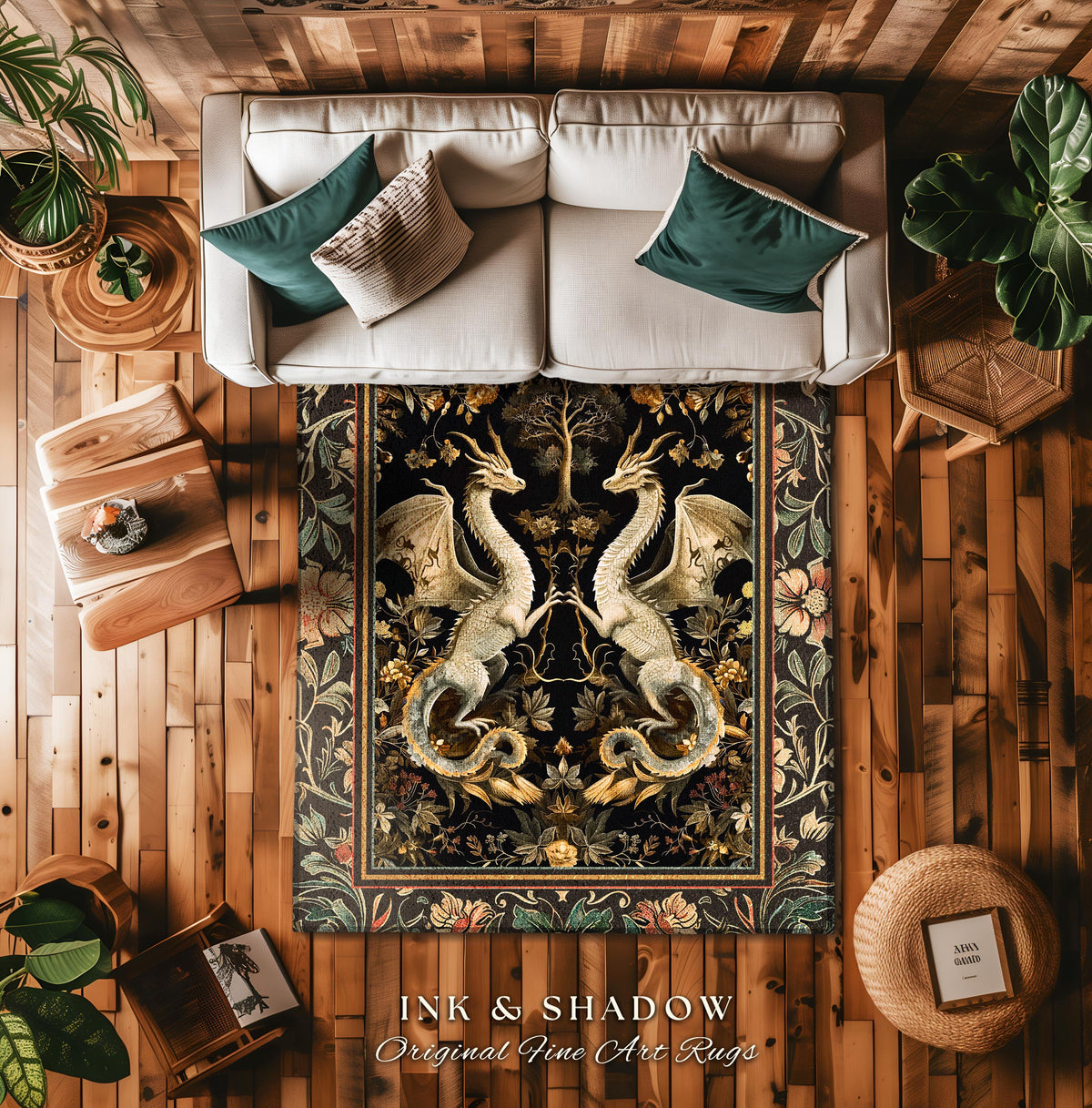 Fantasy Inspired Dragon Rug Victorian Gothic Decor | Enchanted Medieval Dragon Lovers Light Academia Rug Whimsigothic Fantasy Art Mystic Rug