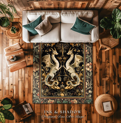 Fantasy Inspired Dragon Rug Victorian Gothic Decor | Enchanted Medieval Dragon Lovers Light Academia Rug Whimsigothic Fantasy Art Mystic Rug
