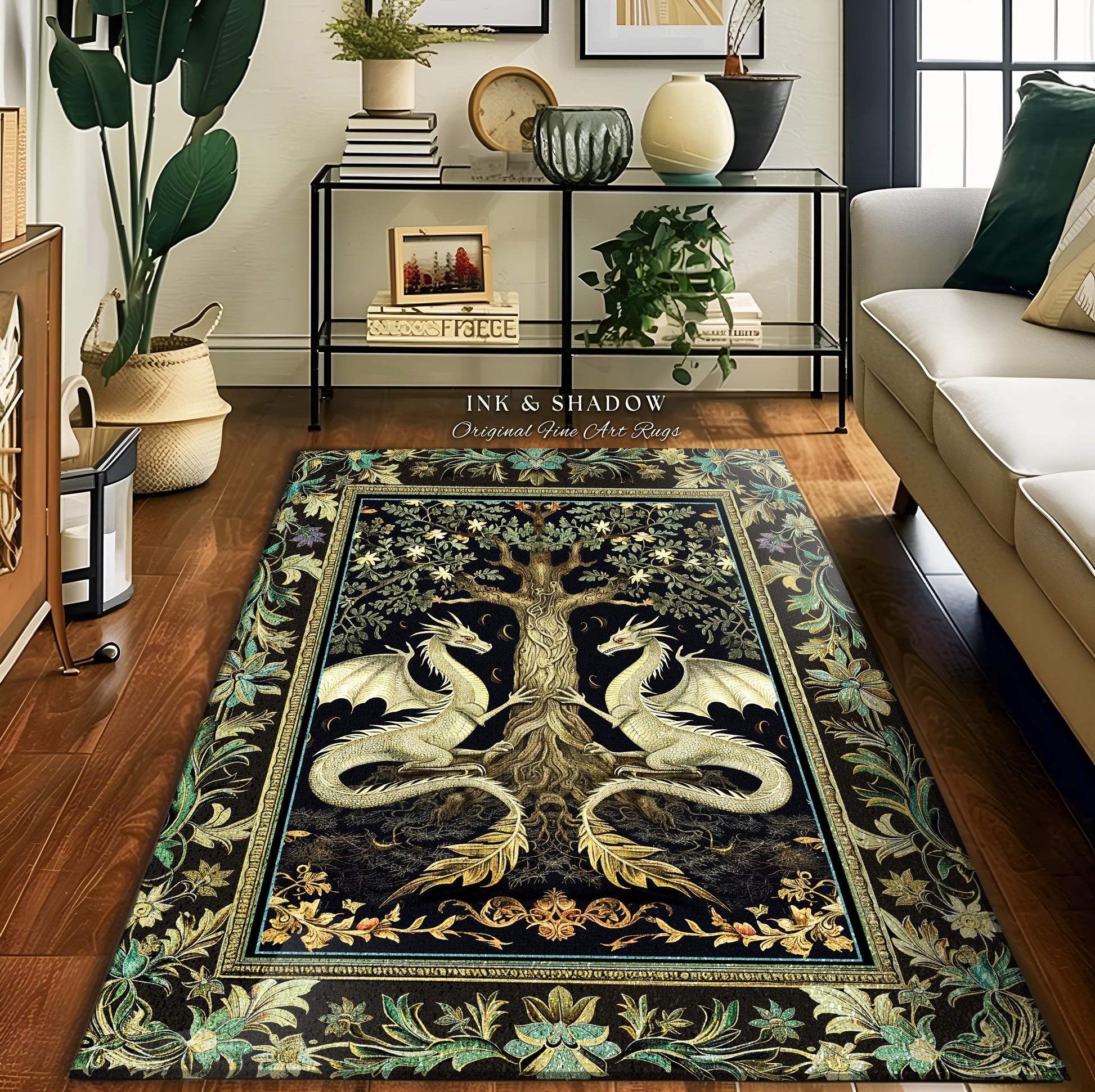 Botanical Gothic Dragon Rug Mythical Tree of Life Fantasy Art Nouveau Decor, Enchanted Woodland Cottagecore Medieval Inspired Whimsigoth Art