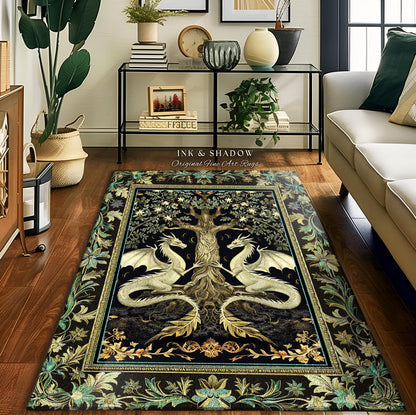 Botanical Gothic Dragon Rug Mythical Tree of Life Fantasy Art Nouveau Decor, Enchanted Woodland Cottagecore Medieval Inspired Whimsigoth Art