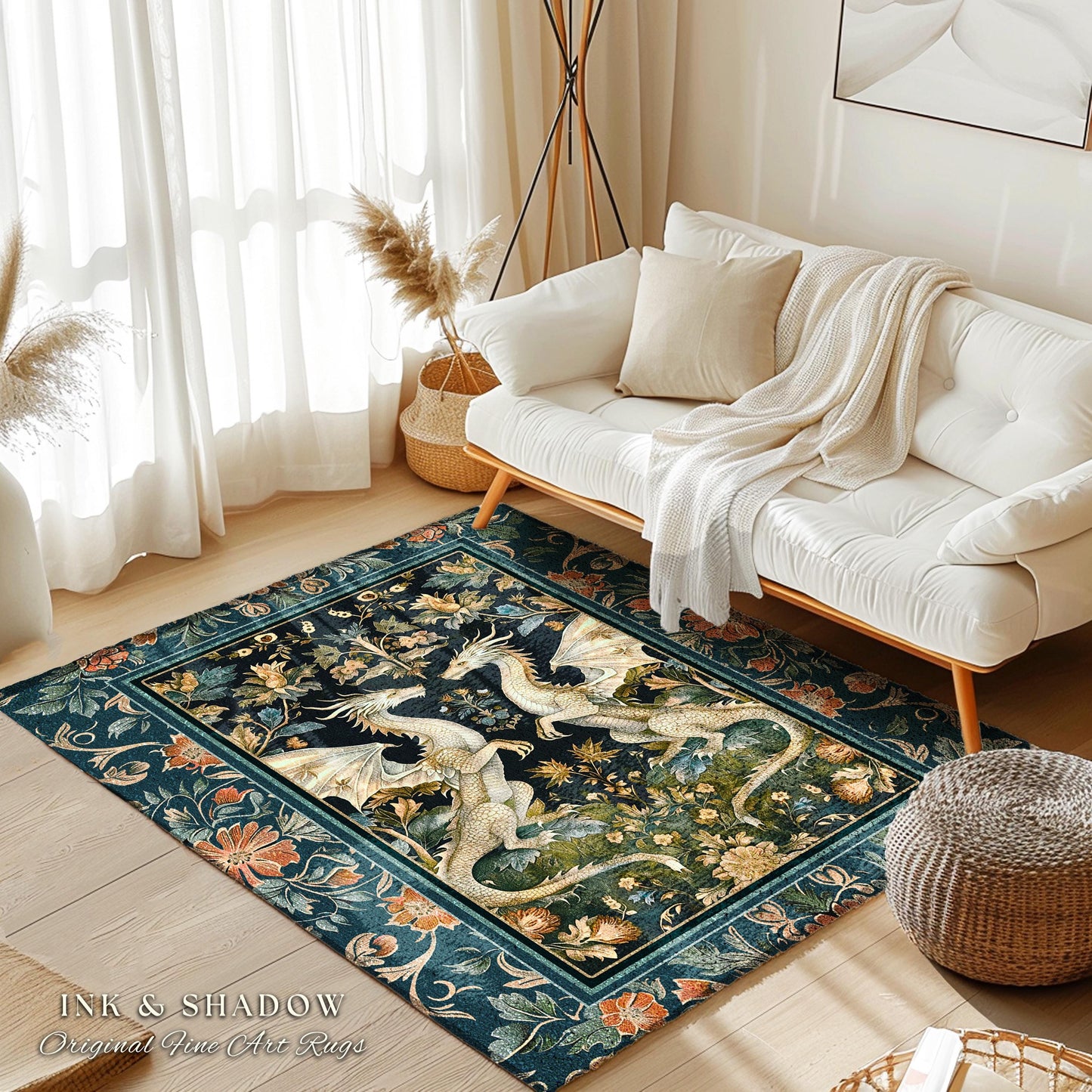 Antique Victorian Gothic Aesthetic Dragon Art Nouveau Rug | Whimsigoth Bedroom Fantasy Medieval Folklore Mythical Forestcore Enchanted Decor