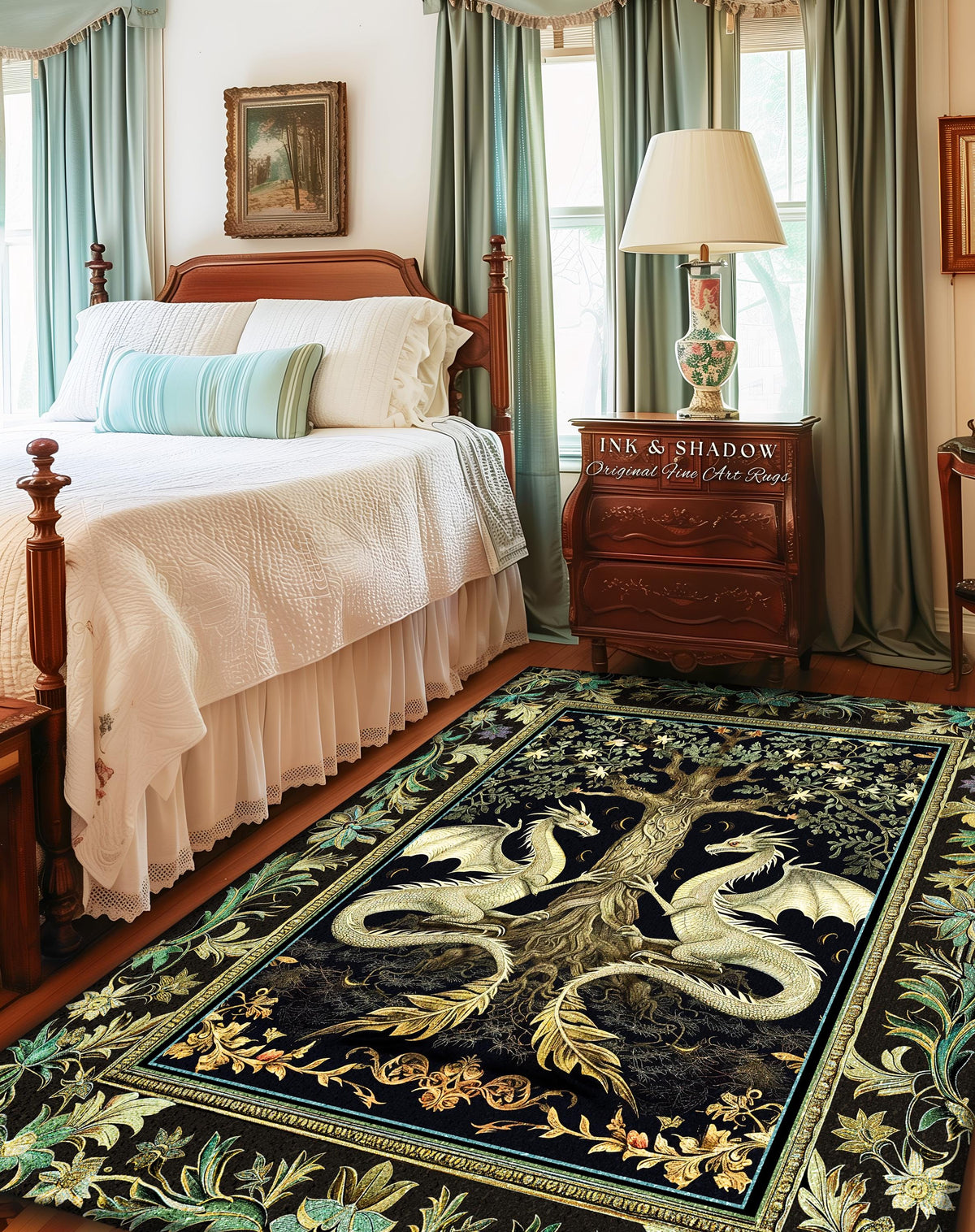 Botanical Gothic Dragon Rug Mythical Tree of Life Fantasy Art Nouveau Decor, Enchanted Woodland Cottagecore Medieval Inspired Whimsigoth Art
