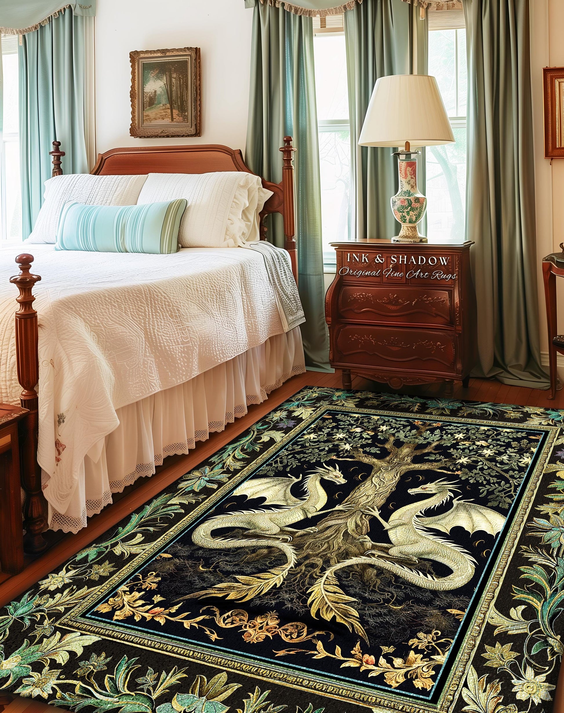 Botanical Gothic Dragon Rug Mythical Tree of Life Fantasy Art Nouveau Decor, Enchanted Woodland Cottagecore Medieval Inspired Whimsigoth Art