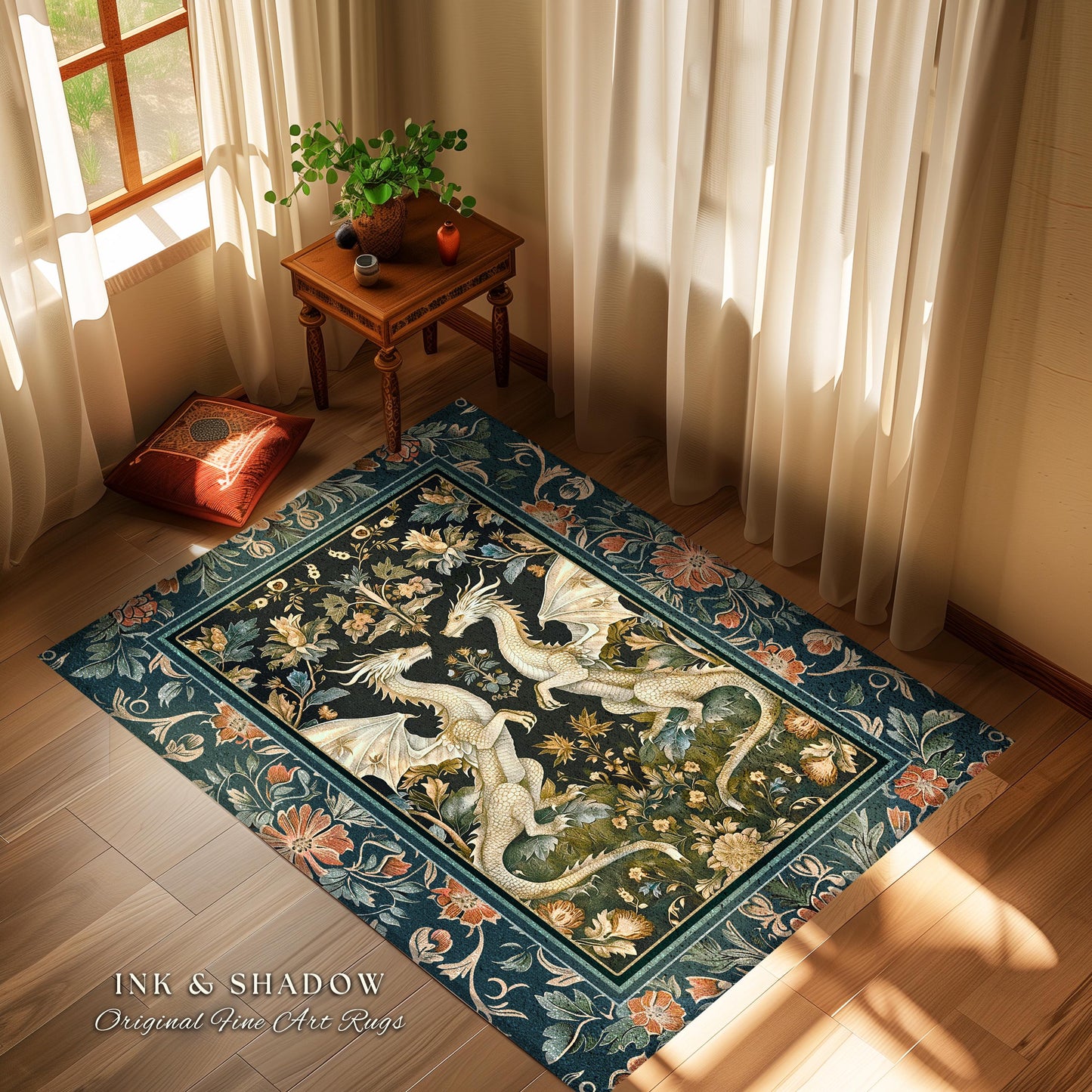 Antique Victorian Gothic Aesthetic Dragon Art Nouveau Rug | Whimsigoth Bedroom Fantasy Medieval Folklore Mythical Forestcore Enchanted Decor