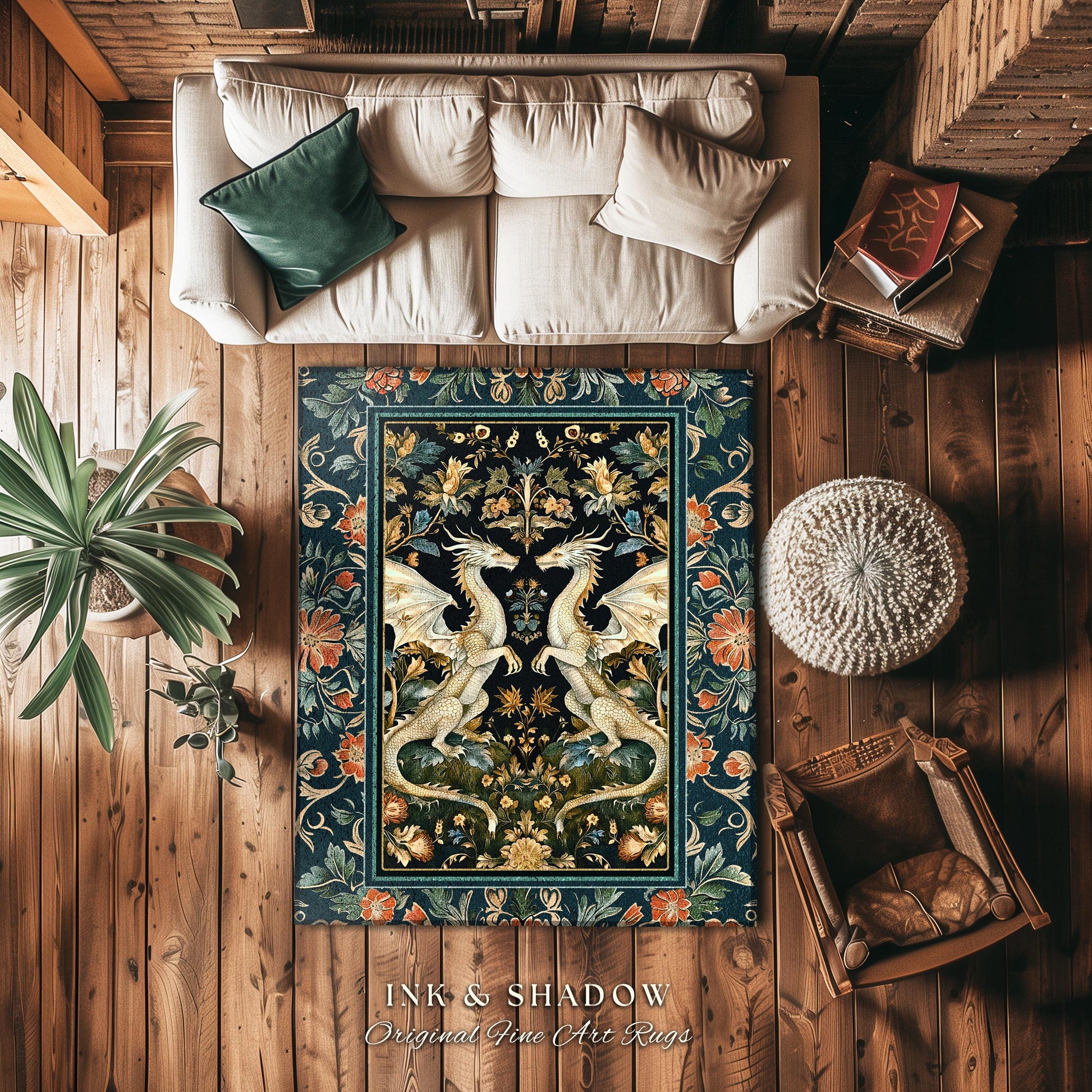 Antique Victorian Gothic Aesthetic Dragon Art Nouveau Rug | Whimsigoth Bedroom Fantasy Medieval Folklore Mythical Forestcore Enchanted Decor